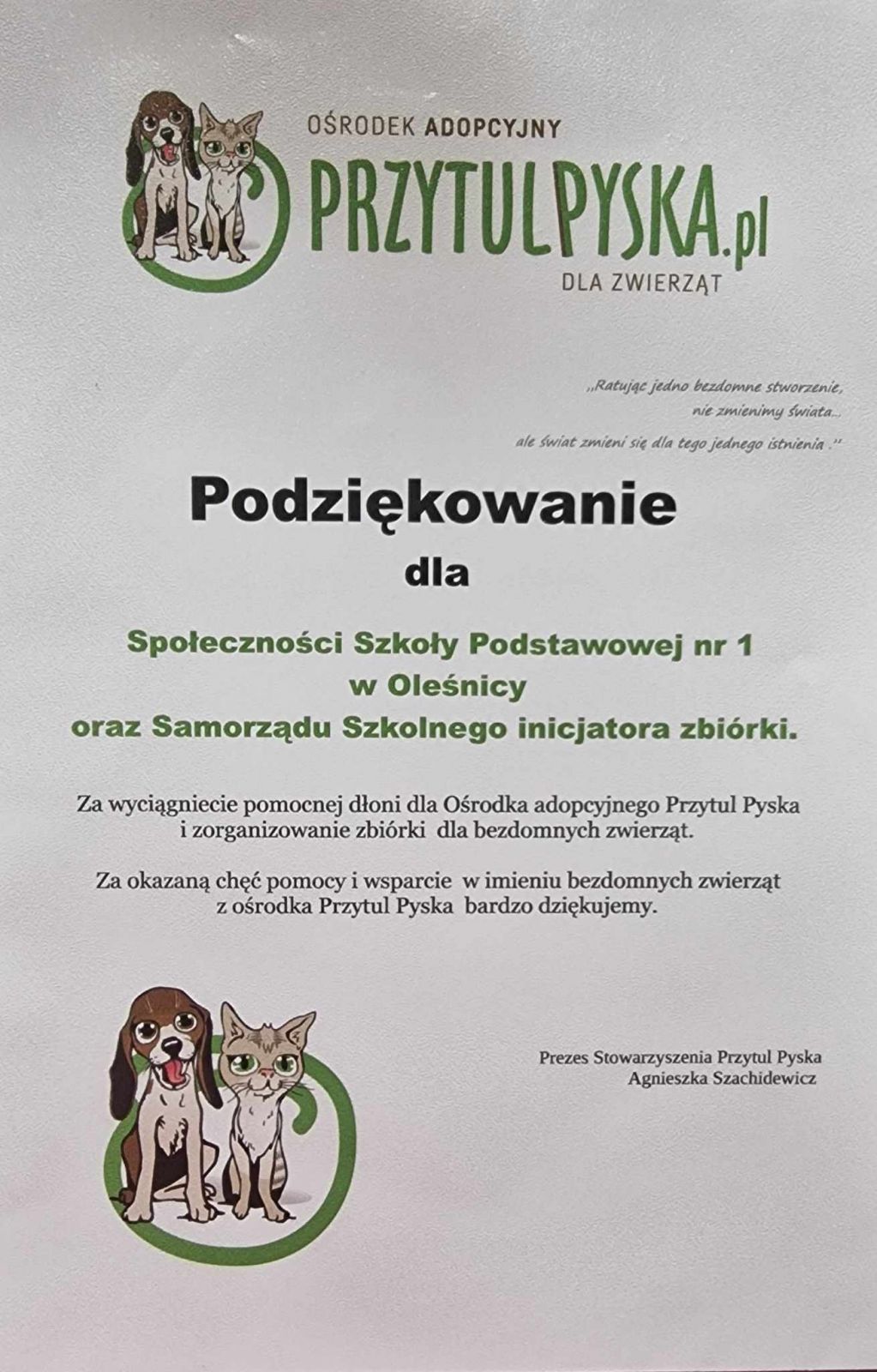 Podziękowanie dla szkoły za zorganizowanie zbiórki od ośrodka adopcyjnego 